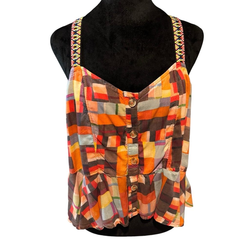 Pilcro Multicolor Geometric Print Peplum Tank Top - Orange, Brown, Yellow